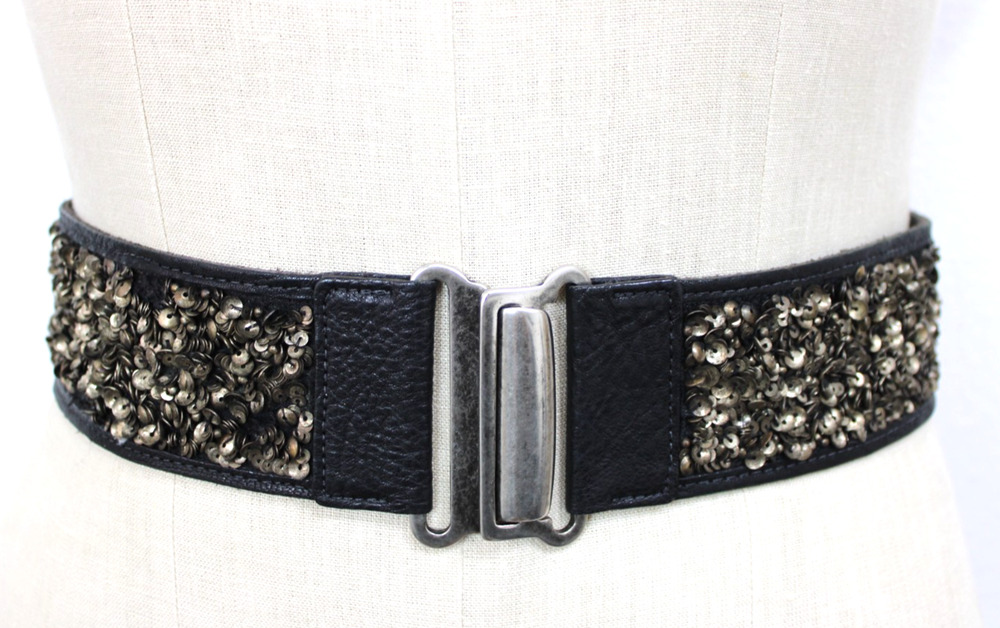 Vintage 80s Streets Ahead Size M Women's Belt Black Leather & Stretch Sequin